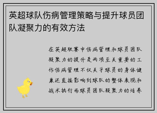 英超球队伤病管理策略与提升球员团队凝聚力的有效方法